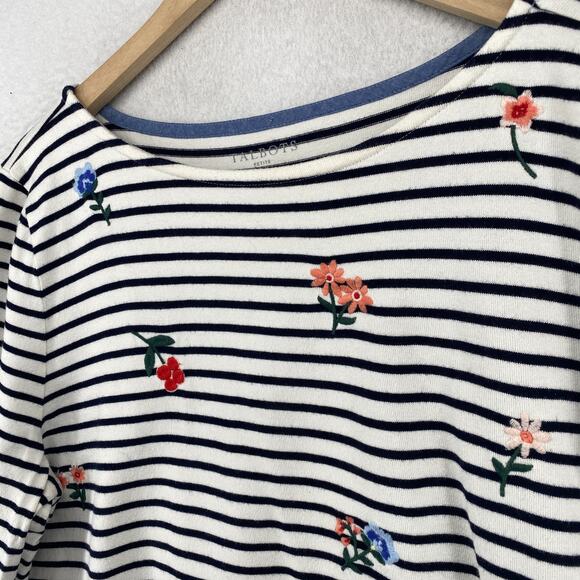 TALBOTS Top XLp Petite Floral Embroidered Striped Long Sleeve Cotton White Black - Picture 2 of 15
